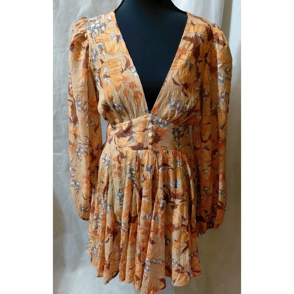 Flying Tomato Fit & Flare Dress Womens M orange Balloon Sleeve Floral V-Neck